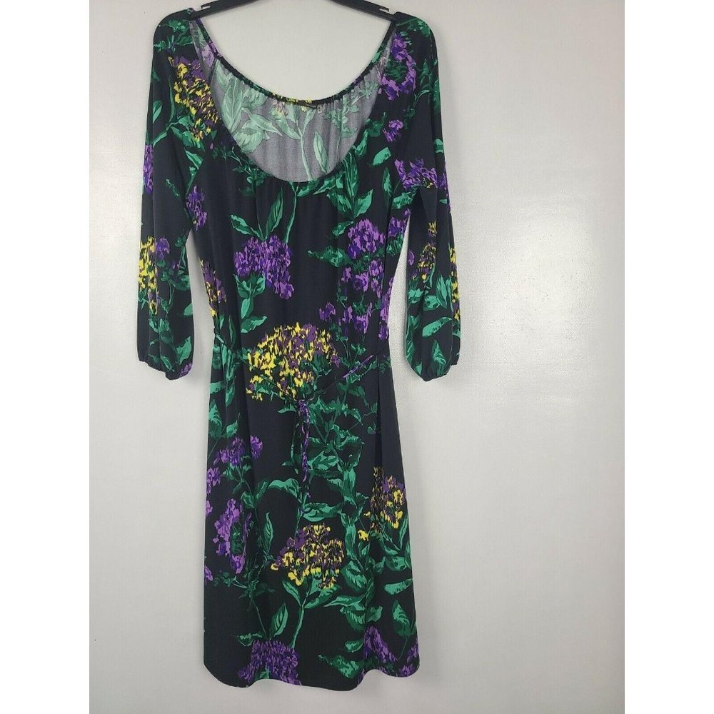 Tahari Midi Dress Black Green Floral Tie Belt M